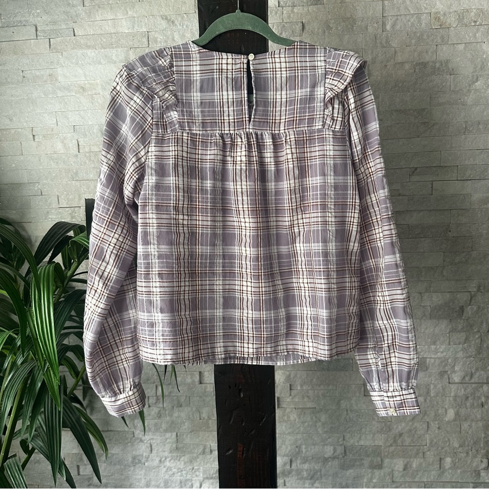 LOFT Frosted Lavender Ruffled Plaid Blouse Size Small - Picture 10 of 11